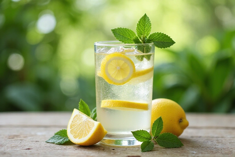 Un bicchiere d'acqua fresca con fette di limone e foglie di menta su uno sfondo sfocato di natura verde.