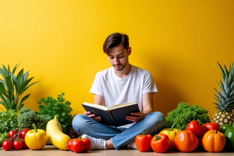 Una persona che legge un libro di nutrizione, con frutta e verdura fresche sparse intorno, simboleggiando la ricerca della verità nell'alimentazione.