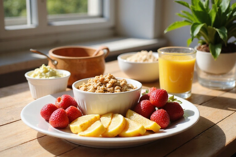 Una colazione sana con frutta fresca, yogurt e cereali integrali su un tavolo di legno illuminato dal sole.